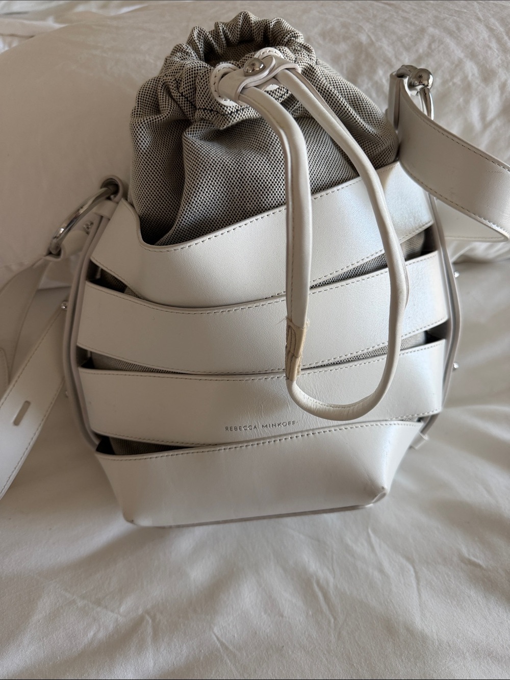 Rebecca Minkoff Cream White Leather Slatted Drawstring Bucket Bag and crossbody